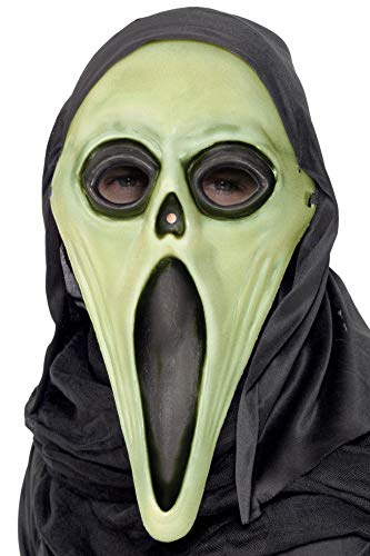 Green screaming mask with black hood, large eye sockets, open mouth.