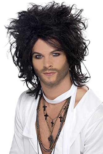 Man wearing a long, dark, curly wig with styled fringe.