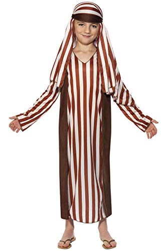 "Child wearing a striped robe and headscarf costume, with sandals, against a white background."
