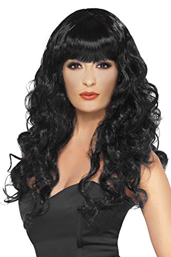 Long, black curly wig with bangs worn by a person.