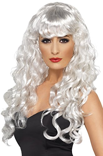 A woman wearing a long, curly white wig and a black strapless top.