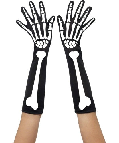 Black gloves with a printed skeletal bone design, reaching to the elbow.