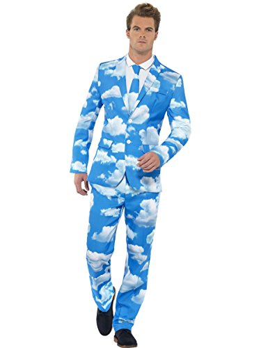 Man wearing a blue suit patterned with white clouds and sky.