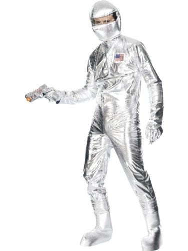 Silver spaceman costume with helmet and ray gun, full body shot.