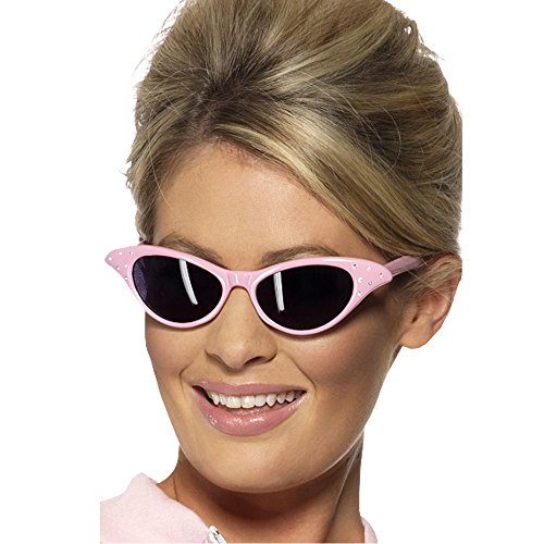 The image shows a mannequin head wearing pink sunglasses and a pink wig. For accessibility purposes, a suitable alt text could be: "Mannequin head wearing pink cat-eye sunglasses and shiny pink wig."