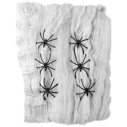 White, stretchy spider web with several small black plastic spiders attached.