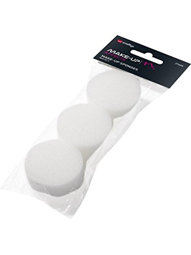 Pack of three white, round makeup sponges on clear plastic packaging.
