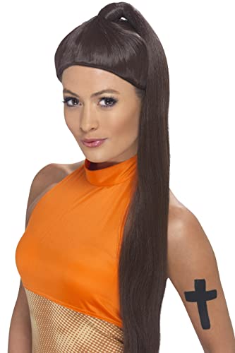 Woman modeling a long, brown wig with a high ponytail.