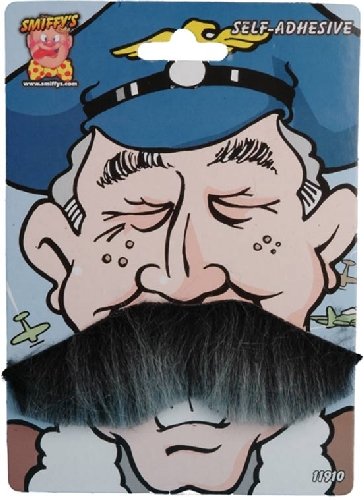 Grey, self-adhesive mustache on packaging with a pilot illustration.