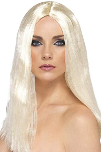 Long, straight blonde wig worn by a woman, side view.