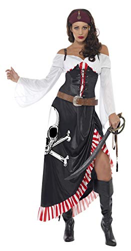Woman in a white and black pirate costume holding a sword.