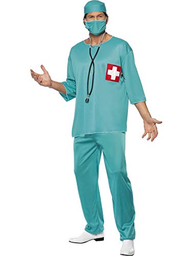 Person wearing a teal surgeon costume with mask and stethoscope.
