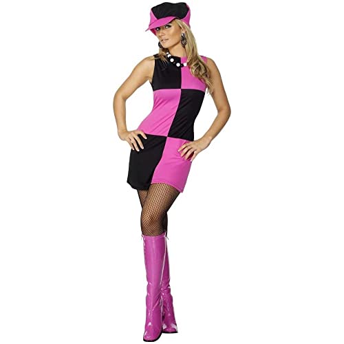 Woman wearing a pink and black checkered 1960s dress, matching hat, and pink boots.