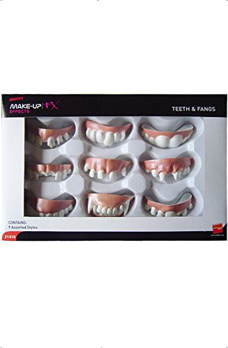 The product packaging displays a grid of various false teeth and fangs. Here is a concise alt text that describes the image: "Packaging for false teeth and fangs with various dental prosthetics displayed."