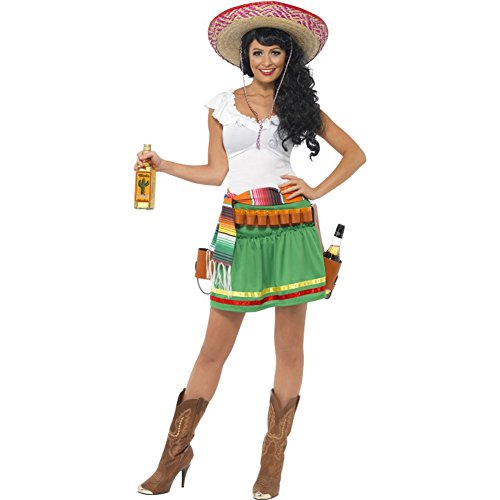 Woman in a green skirt and sombrero holding a tequila bottle.
