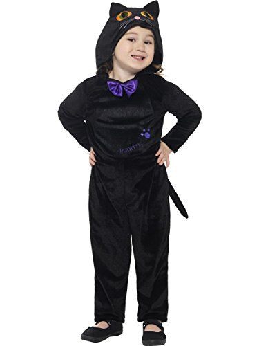 Toddler in a black cat costume with a hooded jumpsuit and tail.
