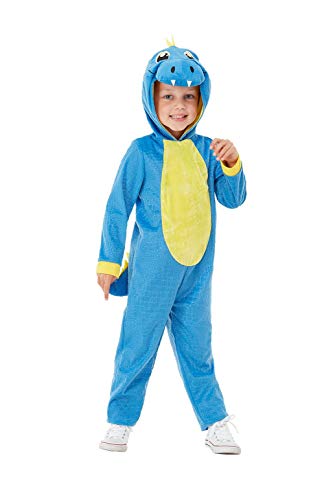 "Toddler in a blue dinosaur costume with yellow belly and hood, standing against a white background."