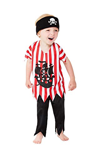 Toddler in a red and white striped pirate costume with black pants.