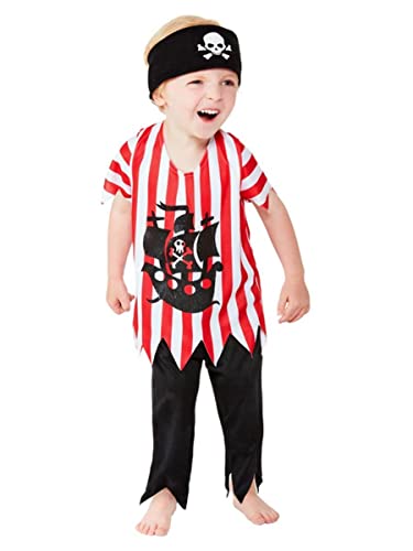 Toddler in a red and white striped pirate costume with a skull bandana.
