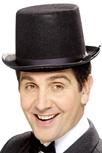 Black felt top hat with ribbon, worn by a smiling man.