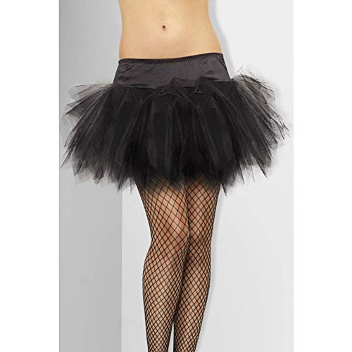 Black frilly tutu skirt worn with fishnet stockings.
