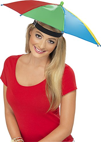 The image depicts a woman wearing a multi-coloured umbrella hat on her head. A suitable alt text for this image is: "Woman wearing a red, green, blue, and yellow umbrella hat."