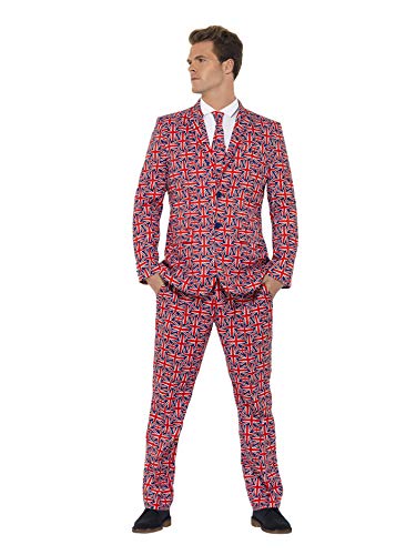 Man wearing a red, white, and blue patterned three-piece suit with a white shirt.