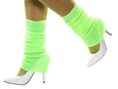 Bright green knitted leg warmers worn with fishnet stockings and heels.