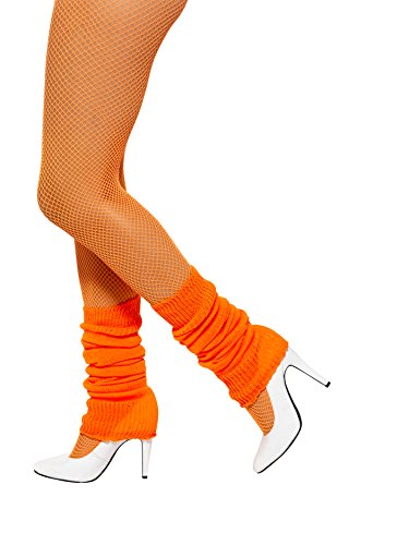 Neon orange leg warmers on a hanger with a blue and white label.