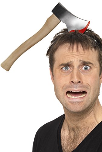 Man with shocked expression and hatchet lodged in his head, attached to a red headband.