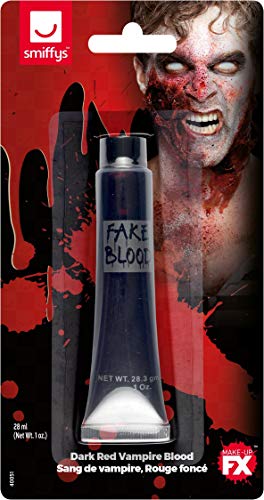 Blue bottle of Smiffys Fake Blood with a vampire makeup image.