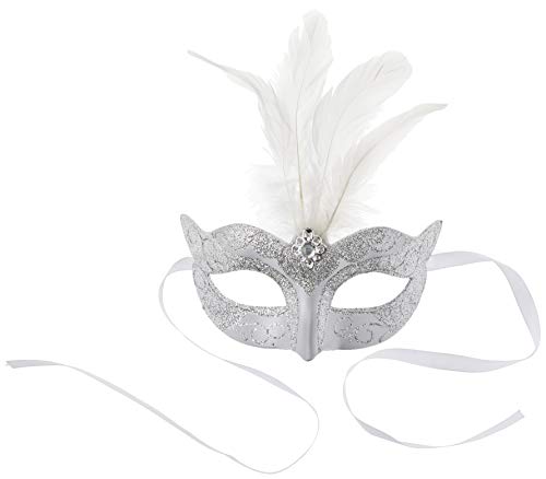 Silver Venetian eye mask with white feathers and ribbon ties.
