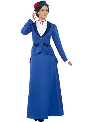 A woman wearing a blue Victorian nanny costume with a matching hat and red flower.