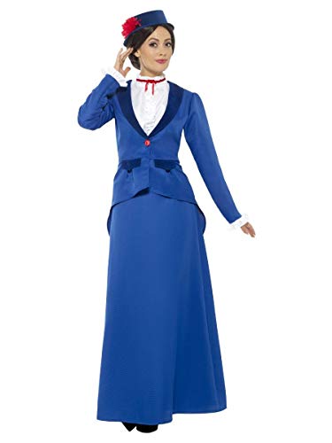 A woman wearing a blue Victorian nanny costume with a matching hat and red flower.
