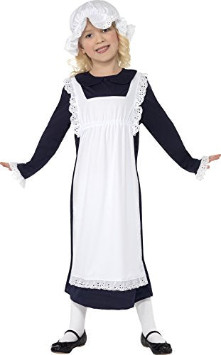 Young girl wearing a Victorian-style costume, including a white apron, dress, and hat.