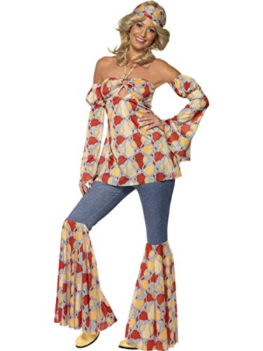 Woman wearing a 1970s style hippy costume with flared sleeves and trousers.