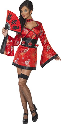Woman wearing a red floral geisha costume, holding a red fan, against a white background.