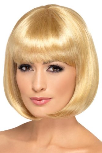 "Blonde bob wig with bangs on a mannequin, black strapless top, against a white background."