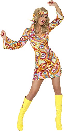 Woman wearing a 1960s hippie costume, including a psychedelic dress, headband, and yellow boots.