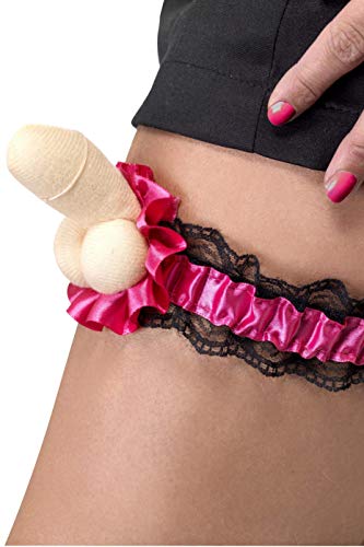 Pink ruffled garter with a novelty white penis attached, worn on a thigh.