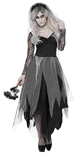 Woman in a grey and black ragged graveyard bride Halloween costume.