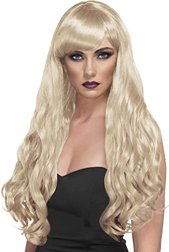 A mannequin head wearing a long, curly blonde wig with bangs.