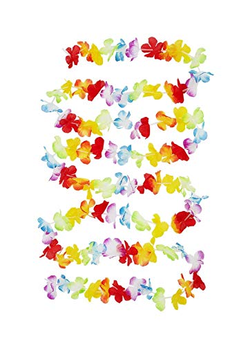 Colorful floral leis arranged in wavy lines on a white background.