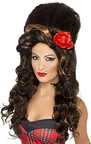 "Brown beehive wig with red flower on a mannequin head, long curly hair."