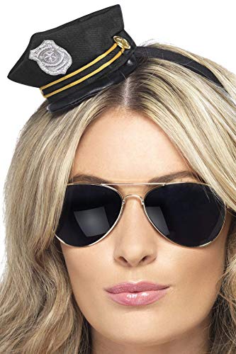 Small black police hat on a headband, worn with sunglasses.
