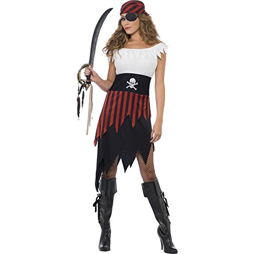 "Woman dressed as a pirate, wearing a white top, black skirt, and holding a sword."