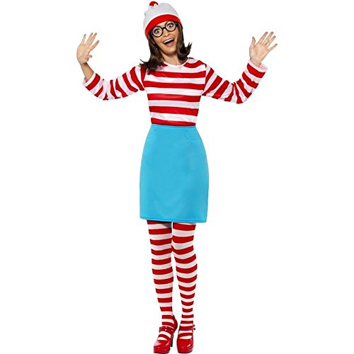 Woman in a red and white striped Wenda costume with glasses and hat.