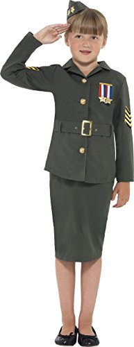 Young girl in a khaki WW2 army costume, saluting, against a white background.