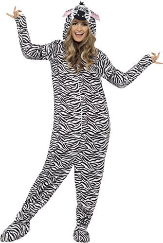 "Woman wearing a full-body zebra onesie costume with a hood and zebra ears."