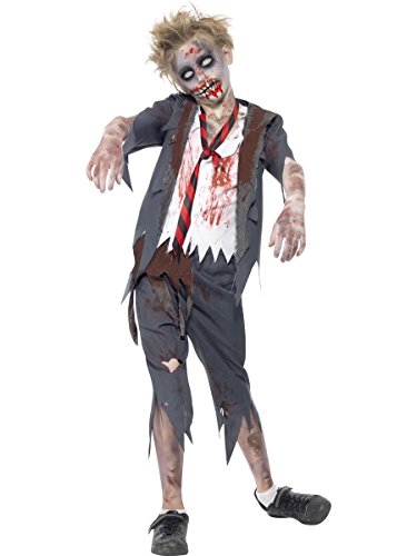 Child in torn grey zombie schoolboy costume with blood splatters.
